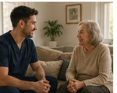 Profesional conversando con una persona mayor en el sofá de casa