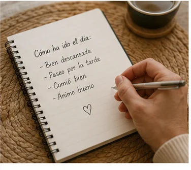 Cuaderno con notas sobre cómo ha ido el día, escrito a mano
